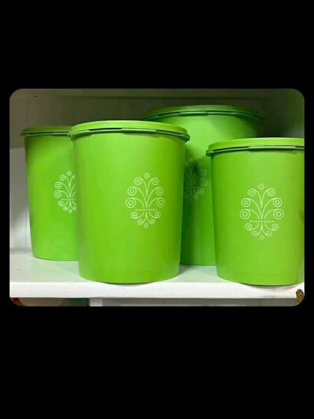 Vintage Tupperware Green Kitchen Storage Canisters with Decorative Motif - Set